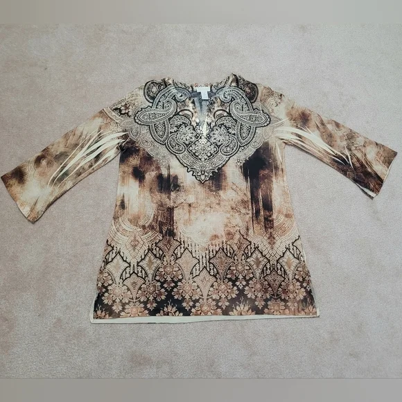 Chico's (1) Womans Tunic Top Jeweled/Beaded Brown Paisley Made In USA Size Small - Picture 6 of 13